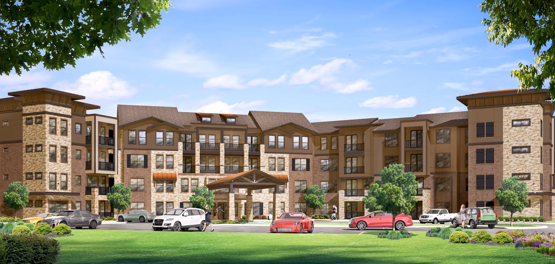 Front exterior view of a large, multi-story senior living facility building with stone and brick facade, multiple balconies, a covered entrance, several parked cars, green lawn, trees, and a partly cloudy sky.