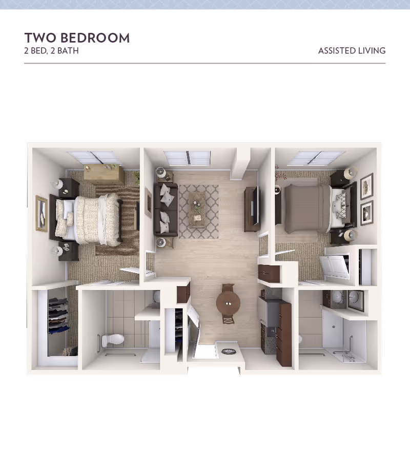 3D floor plan of a two-bedroom, two-bath assisted living apartment at Arbor Terrace Highland Park. The layout includes two bedrooms each with a bed, nightstands, and dressers. There are two bathrooms with showers, a living room with a sofa, coffee table, and TV, and a kitchen area with appliances and a small dining table with two chairs.