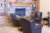 A cozy living room area featuring a stone fireplace with a wooden mantle decorated with autumn-themed garland. The room has three dark leather armchairs arranged around a small round table with a plant on it. Built-in wooden shelves flank the fireplace, holding books and decorative items. A small side table with a lamp and a plant is visible on the right side.