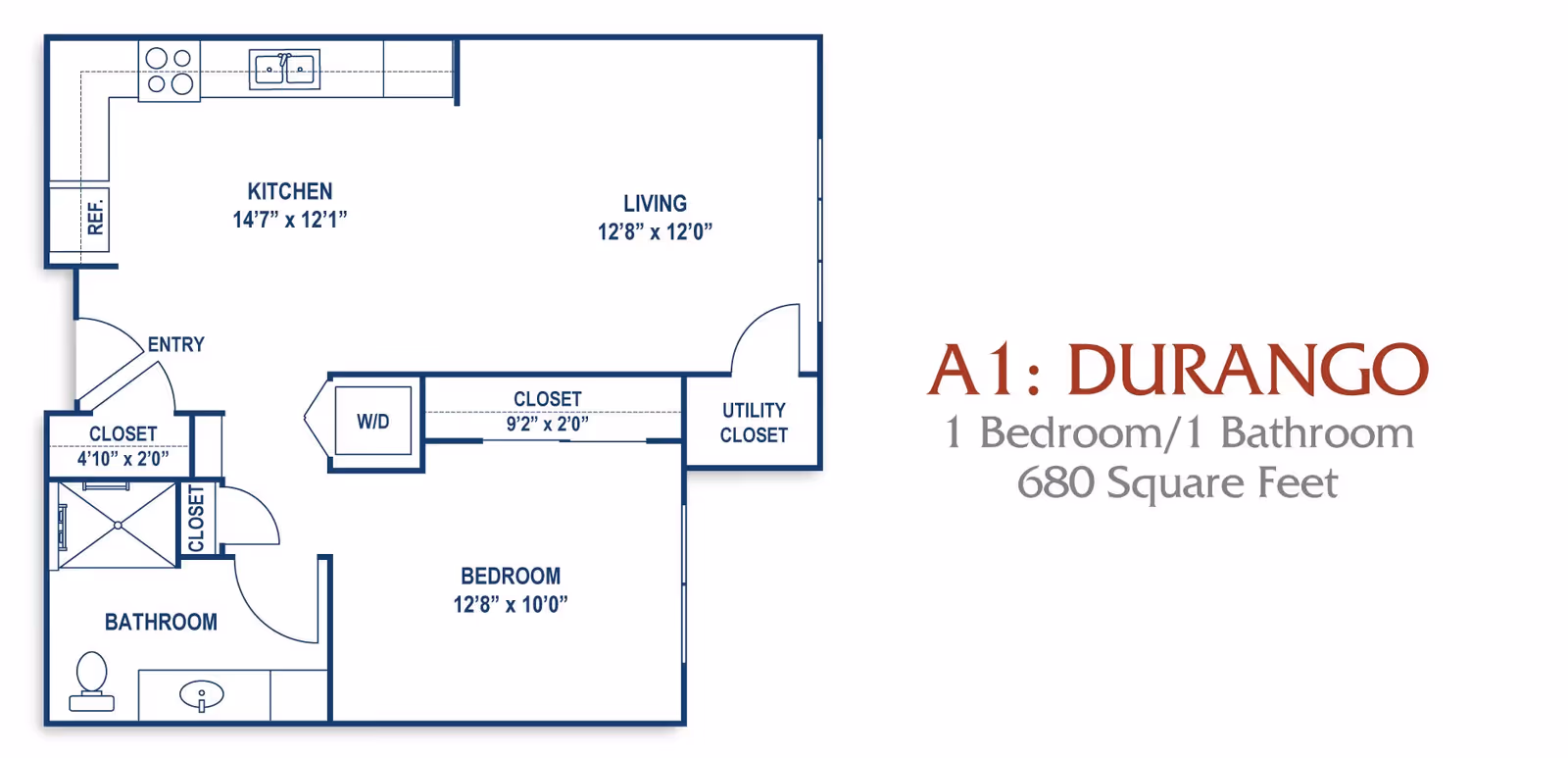 Floor plan of a one-bedroom, one-bathroom apartment named A1: Durango at Aspen Ridge Active Adult Community, showing a kitchen, living room, bedroom, bathroom, closets, utility closet, and washer/dryer area with dimensions.