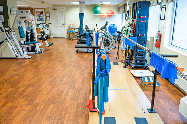 A rehabilitation or physical therapy room with wooden flooring, parallel bars with resistance bands attached, exercise equipment including stationary bikes, weight machines, and colorful exercise balls on a wall shelf. The room is well-lit with large windows on the right side.