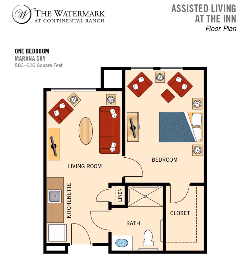 Floor plan diagram of a one-bedroom assisted living apartment showing a living room, kitchenette, bedroom, bathroom, closet, and furniture layout.