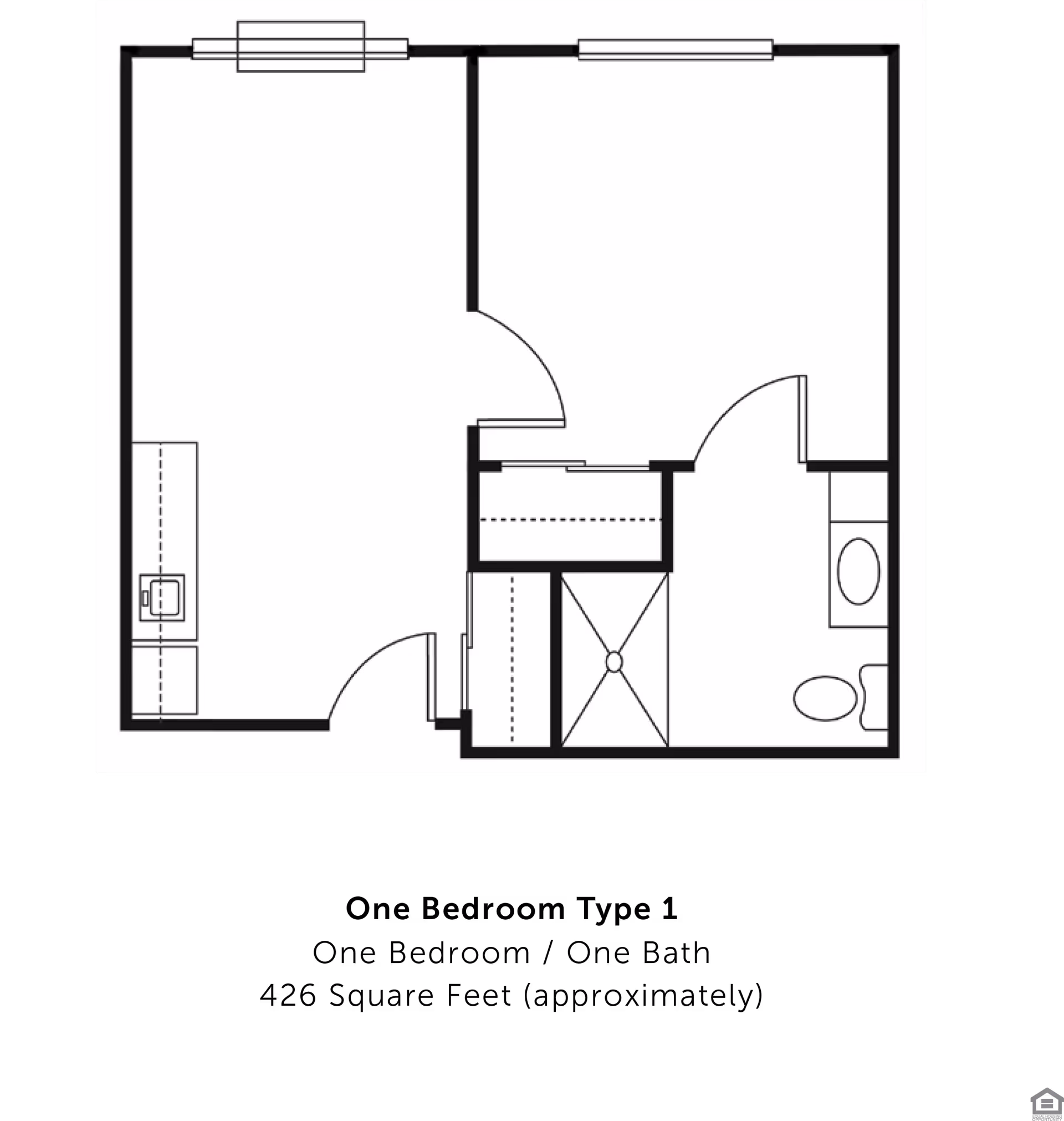 Black-and-white floor plan of a small apartment showing a main living area, a kitchenette, closet space, and a bathroom with a shower and toilet.