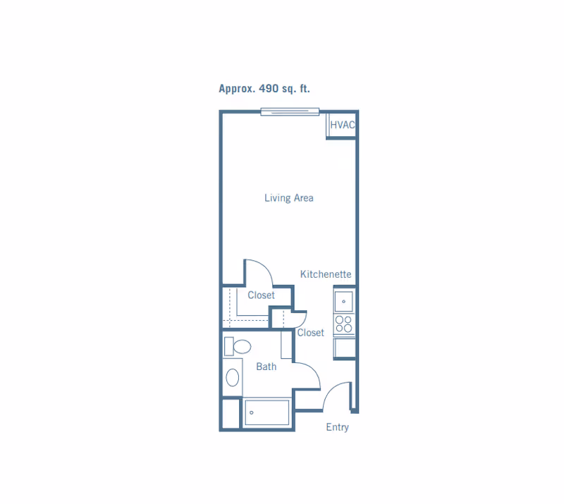 Floor plan of a living space approximately 490 square feet, featuring an entry leading to a kitchenette, a living area, a bathroom with a bathtub and toilet, and two closets. HVAC is located near the living area.