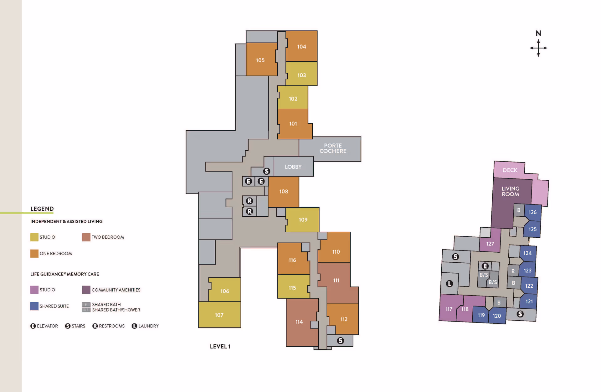 Floor plan layout of Atria Santa Clarita showing Level 1 with various apartment types including studios, one-bedroom, two-bedroom, community amenities, shared suites, and shared bath/shower areas. The plan includes labels for elevators, stairs, restrooms, and laundry, with a legend explaining color codes and symbols.