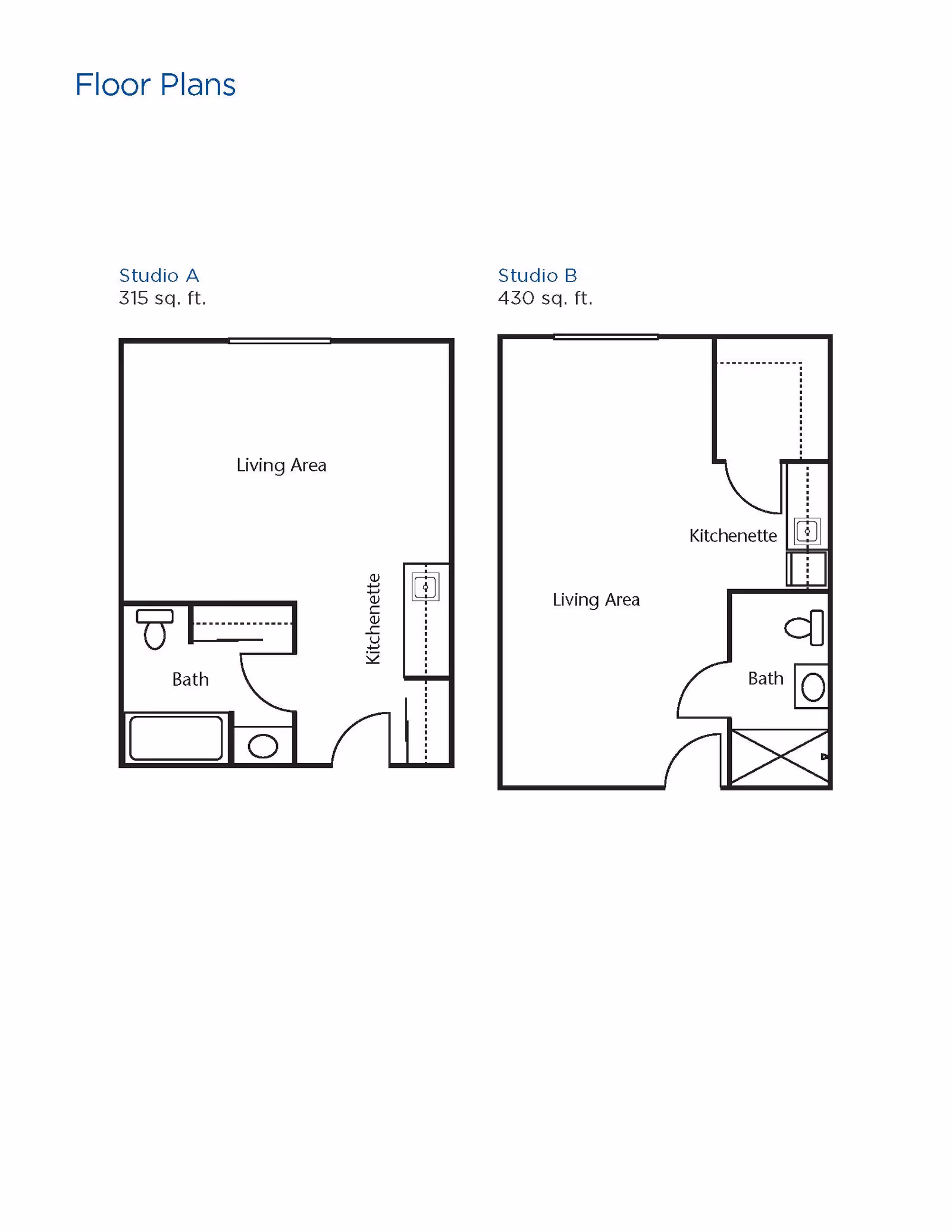 Floor plans for two studio apartments at Brookdale San Marcos South. Studio A is 315 square feet with a living area, kitchenette, and bathroom including a bathtub. Studio B is 430 square feet with a living area, kitchenette, and bathroom including a shower.