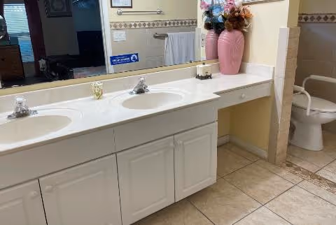 A clean bathroom with a double sink vanity featuring white cabinets and a large mirror above. On the countertop, there are two pink vases with decorative flowers and a small container. A toilet is visible in the background to the right, along with beige tiled walls and floor.