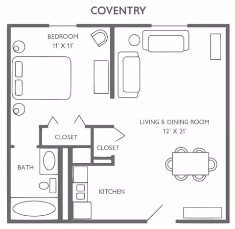Floor plan labeled Coventry showing a one-bedroom apartment with a bedroom measuring 11 by 11 feet, a bathroom, two closets, a kitchen, and a combined living and dining room measuring 12 by 21 feet with furniture layout.