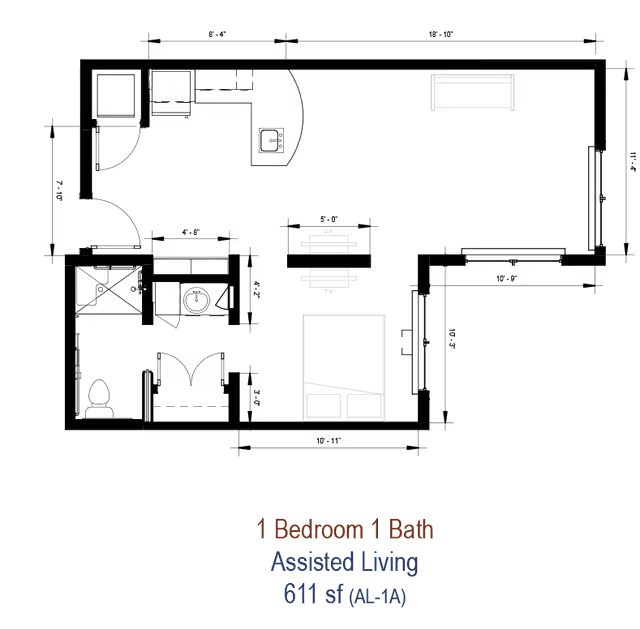 Floor plan layout of a 1 bedroom, 1 bathroom assisted living apartment with 611 square feet. The layout includes a bedroom with a bed, a living area with a sofa and TV, a kitchen area with appliances, and a bathroom.