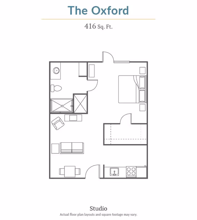 Floor plan of The Oxford studio apartment at Carriage Inn Conroe, showing a 416 square feet layout with a combined living and sleeping area, kitchen, bathroom, and dining space.