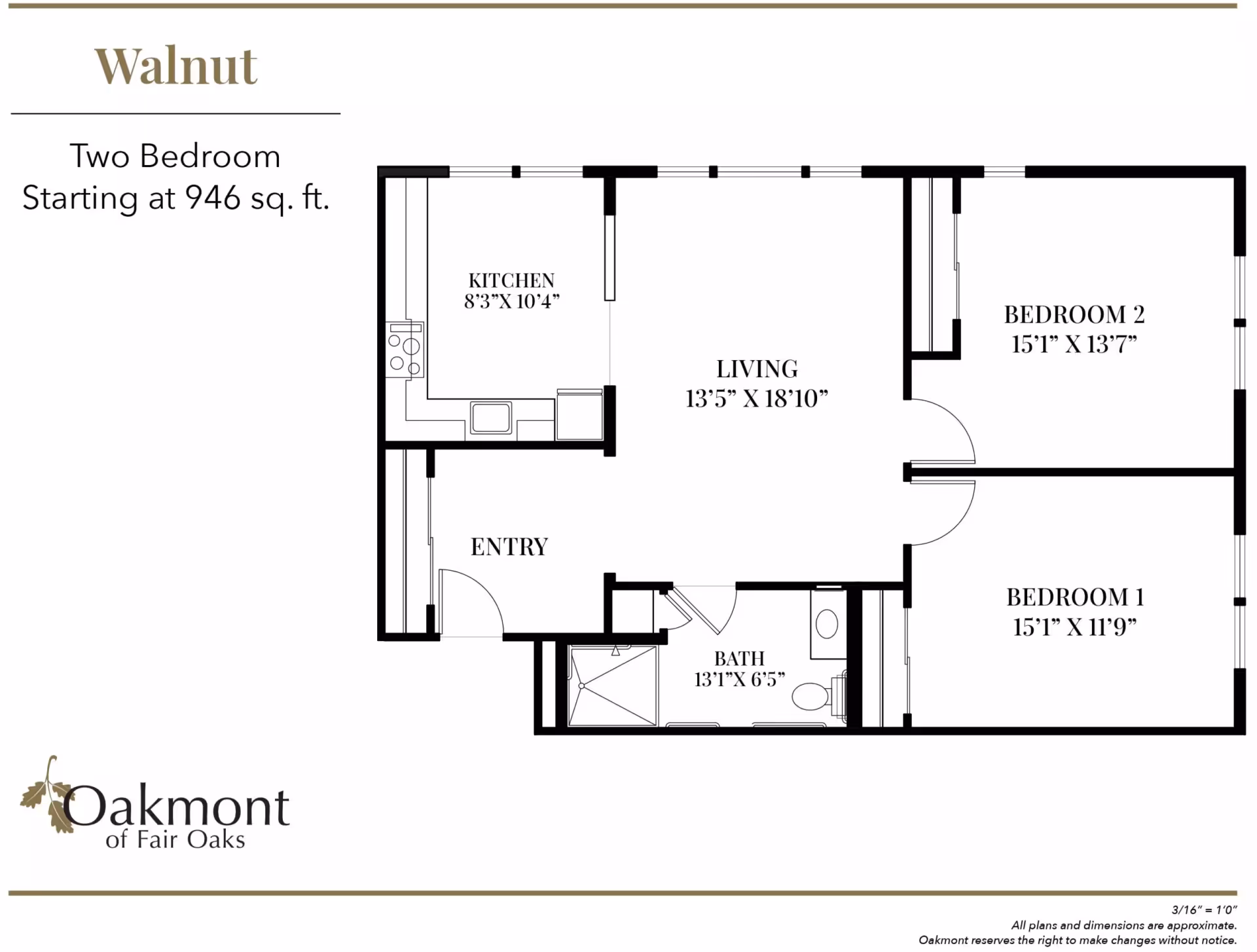 Black-and-white floor plan titled 'Walnut' showing a two-bedroom, one-bath apartment layout with kitchen, living room and entry.