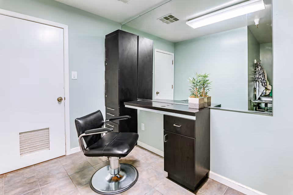 Small salon room with a black barber chair in front of a countertop, mirror, and dark storage cabinets.