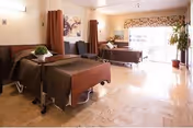 A spacious room with two hospital-style beds covered with brown blankets, a small table with a plant, a chair, and large windows with curtains allowing natural light to fill the room.