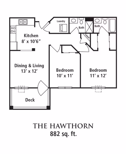 Black-and-white floor plan titled 'THE HAWTHORN 882 sq. ft.' showing a two-bedroom, two-bath layout with kitchen, dining & living area, deck, and laundry.