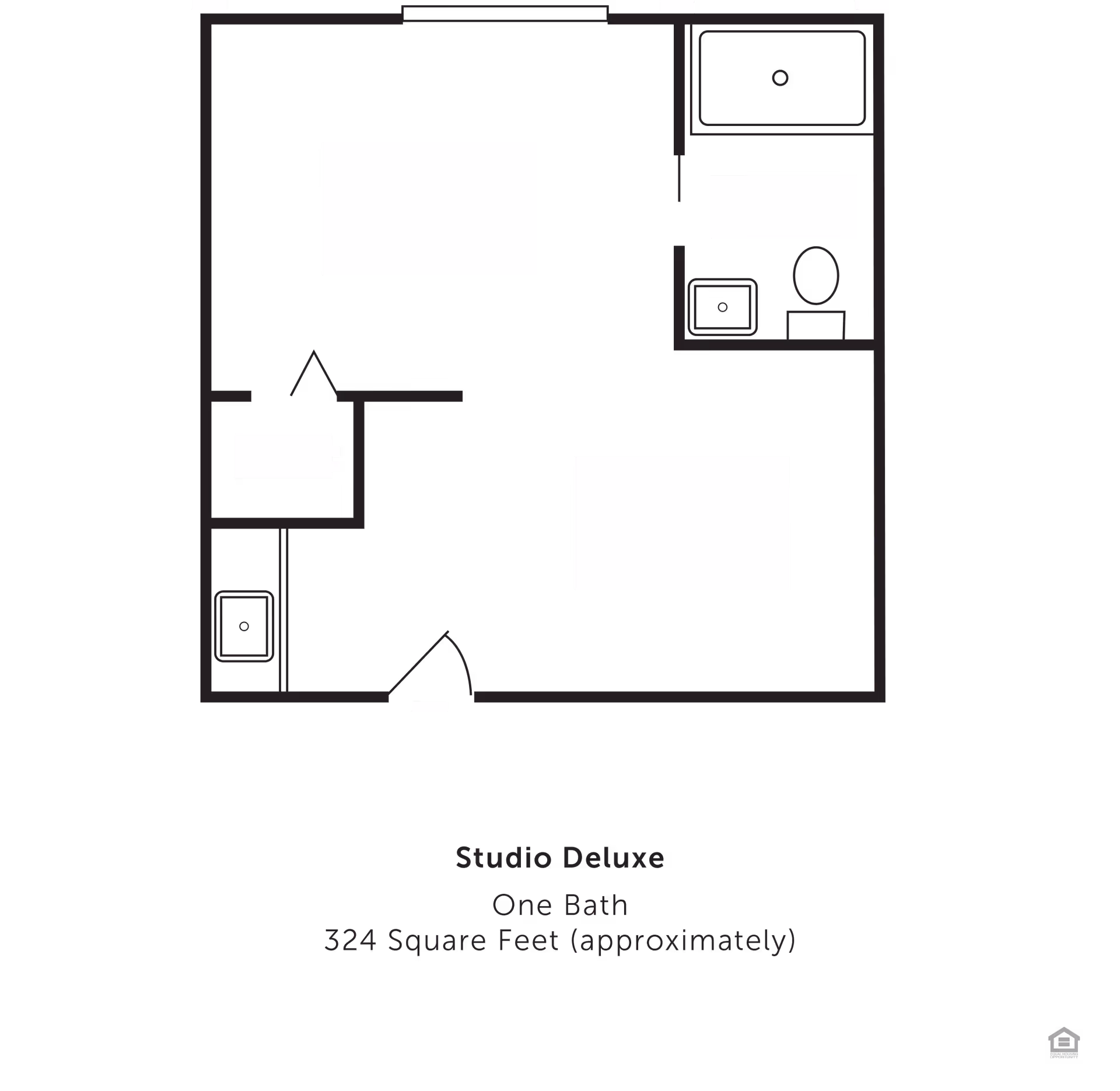 Floor plan of a Studio Deluxe apartment at Kokomo Place, showing one bathroom and approximately 324 square feet of space. The layout includes a main living/sleeping area, a bathroom with a bathtub, toilet, and sink, and a small kitchen area.
