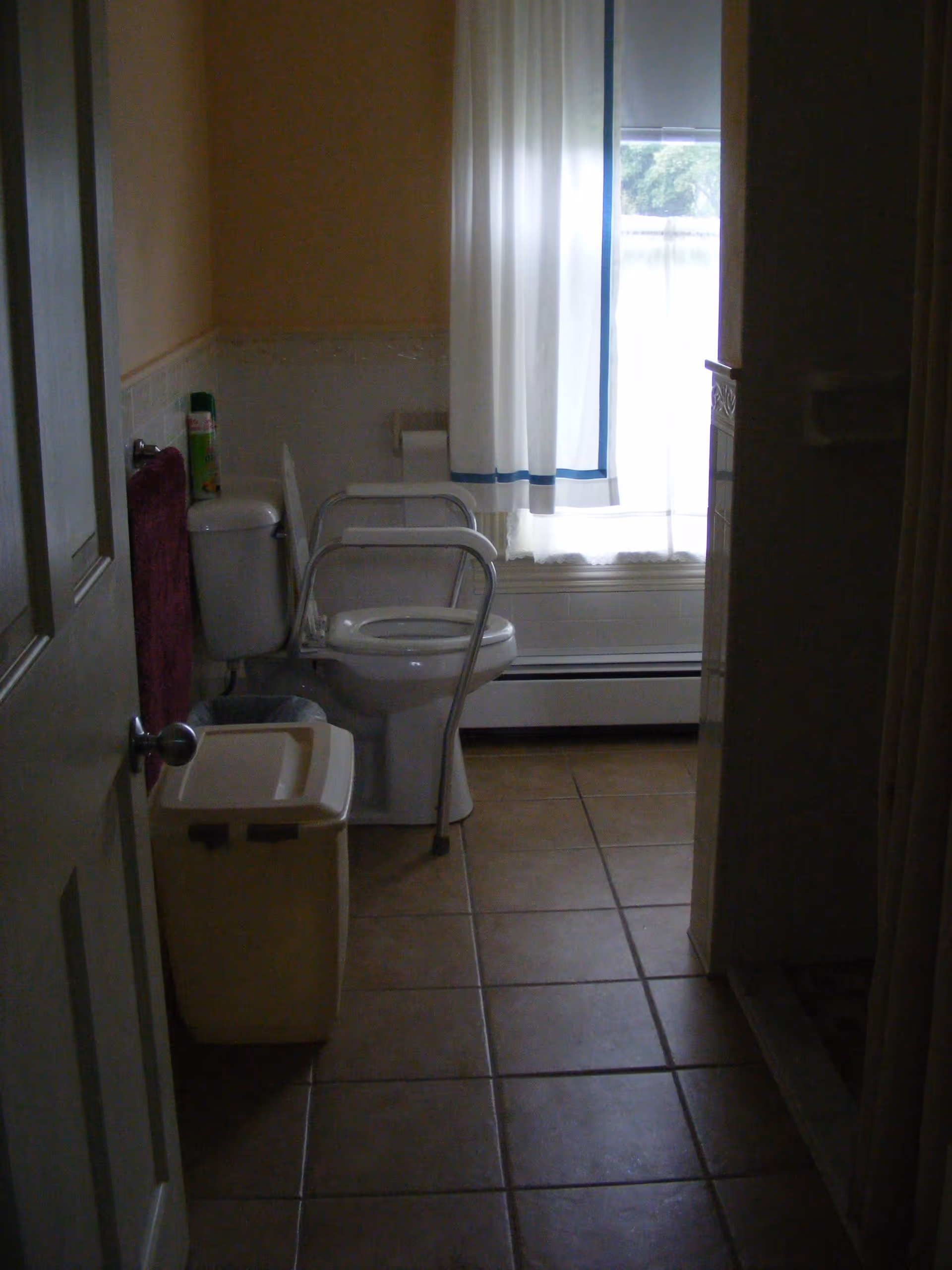 Small bathroom with a toilet fitted with safety rails, tiled floor, trash bin, and a curtained window.