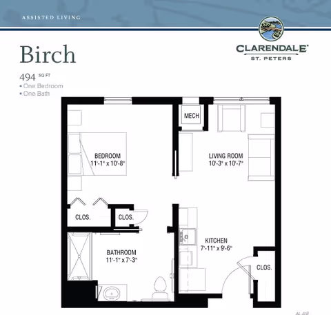 Floor plan of Birch assisted living unit at Clarendale of St. Peters showing one bedroom, one bathroom, living room, kitchen, and closets with dimensions.