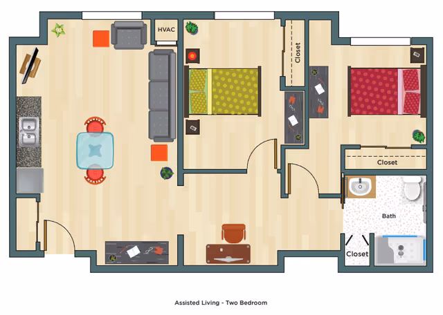 Top-down illustrated floor plan of a two-bedroom assisted living apartment with a living area, kitchen, two bedrooms, bathroom, closets, and furniture.