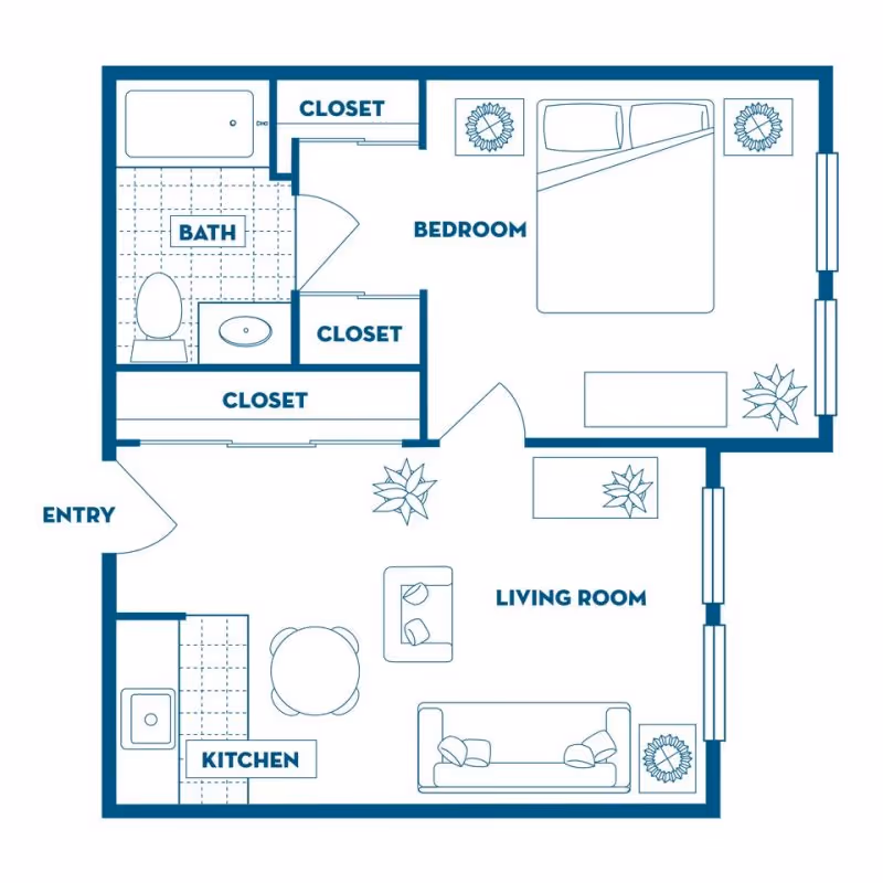 Floor plan of a one-bedroom apartment at Canfield Place showing an entry leading into a living room with sofa, armchair, coffee table, and plants. Adjacent is a kitchen with a sink and round dining table with four chairs. The bedroom contains a bed, two nightstands, and closets. The bathroom includes a bathtub, toilet, and sink.