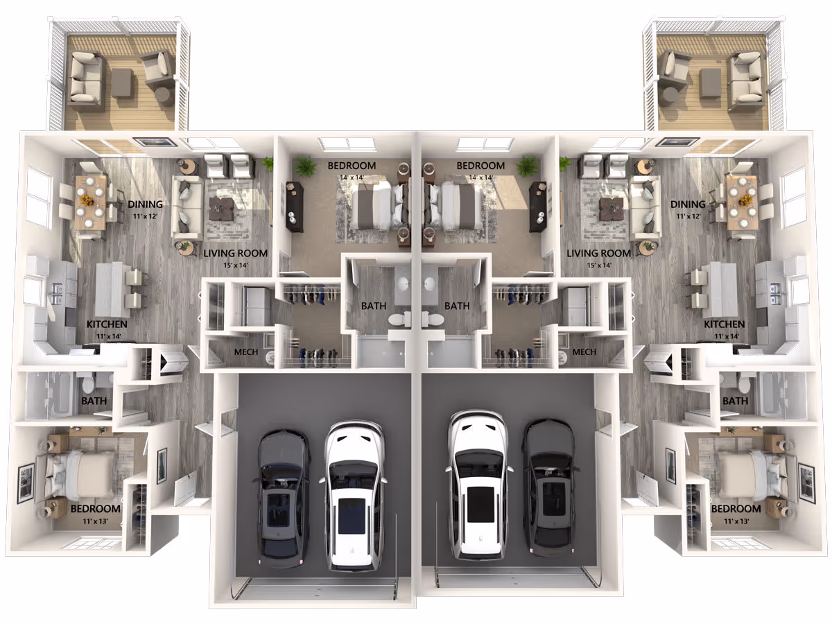 3D floor plan of a duplex unit showing two mirrored living spaces. Each unit includes a garage with two cars, a kitchen, dining area, living room, three bedrooms, and two bathrooms. The layout features labeled room dimensions and furniture placement.