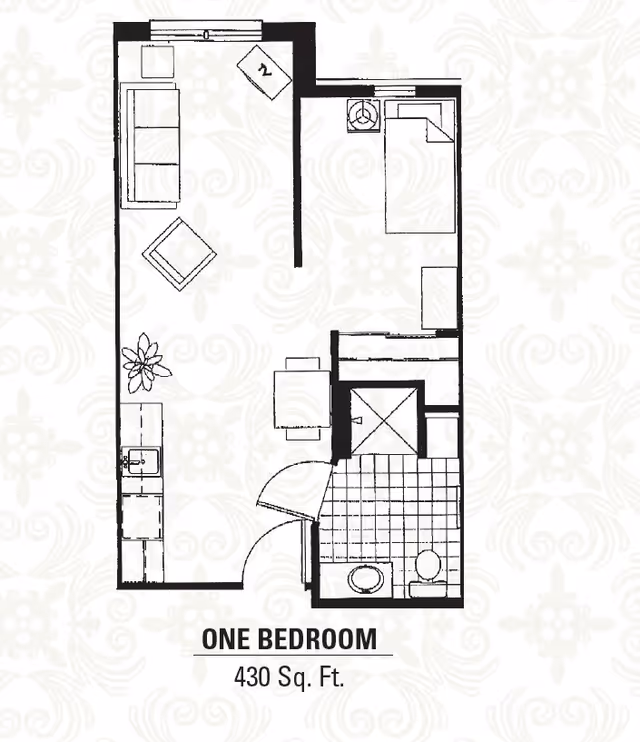 Floor plan of a one-bedroom apartment with 430 square feet, showing a living area with sofa and chairs, a kitchen area with sink, a bedroom with a bed and nightstand, and a bathroom with toilet and shower.