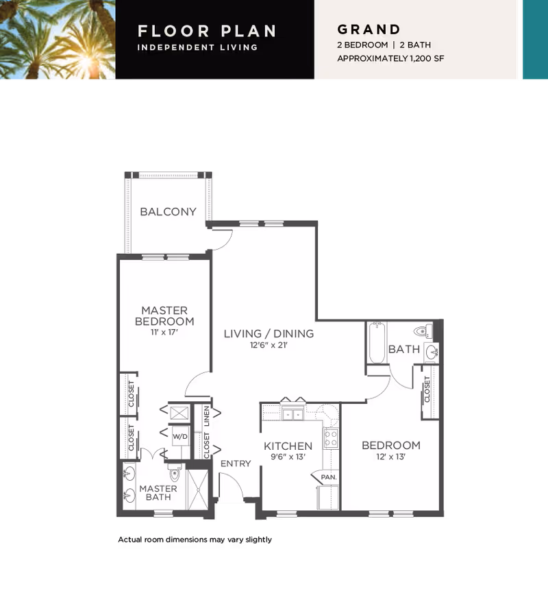 Graphic floor plan titled 'Grand' showing a 2-bedroom, 2-bath apartment layout with balcony, living/dining area, kitchen, and labeled rooms.
