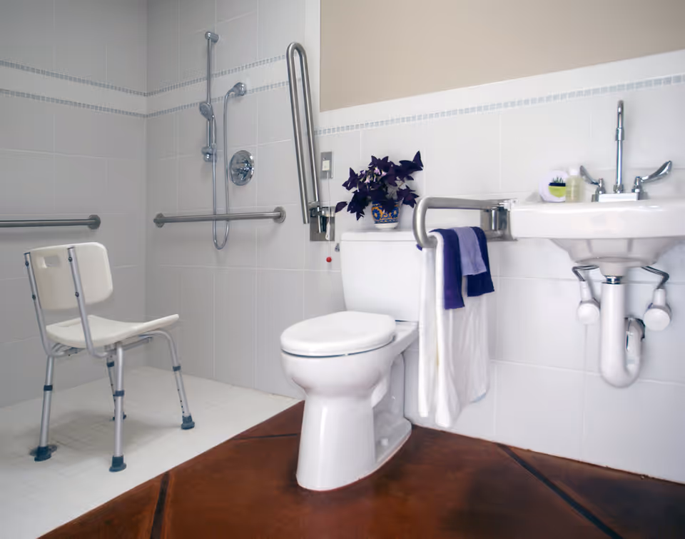 Accessible bathroom with a toilet, sink, grab bars, shower chair and handheld shower head.