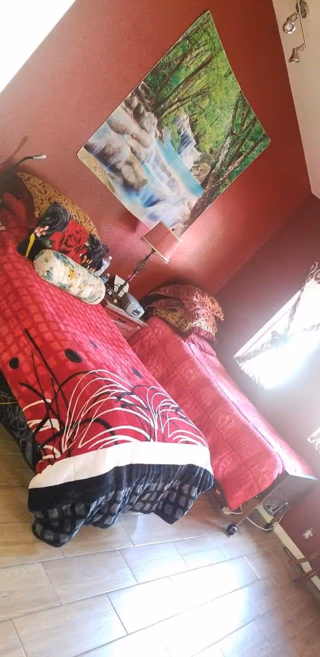 A bedroom with two beds covered in red and patterned bedspreads. There is a nightstand between the beds with a lamp and some items on it. A large wall hanging depicting a forest and waterfall scene is displayed on the red wall above the nightstand. Light streams in through a window with patterned curtains on the right side of the room.