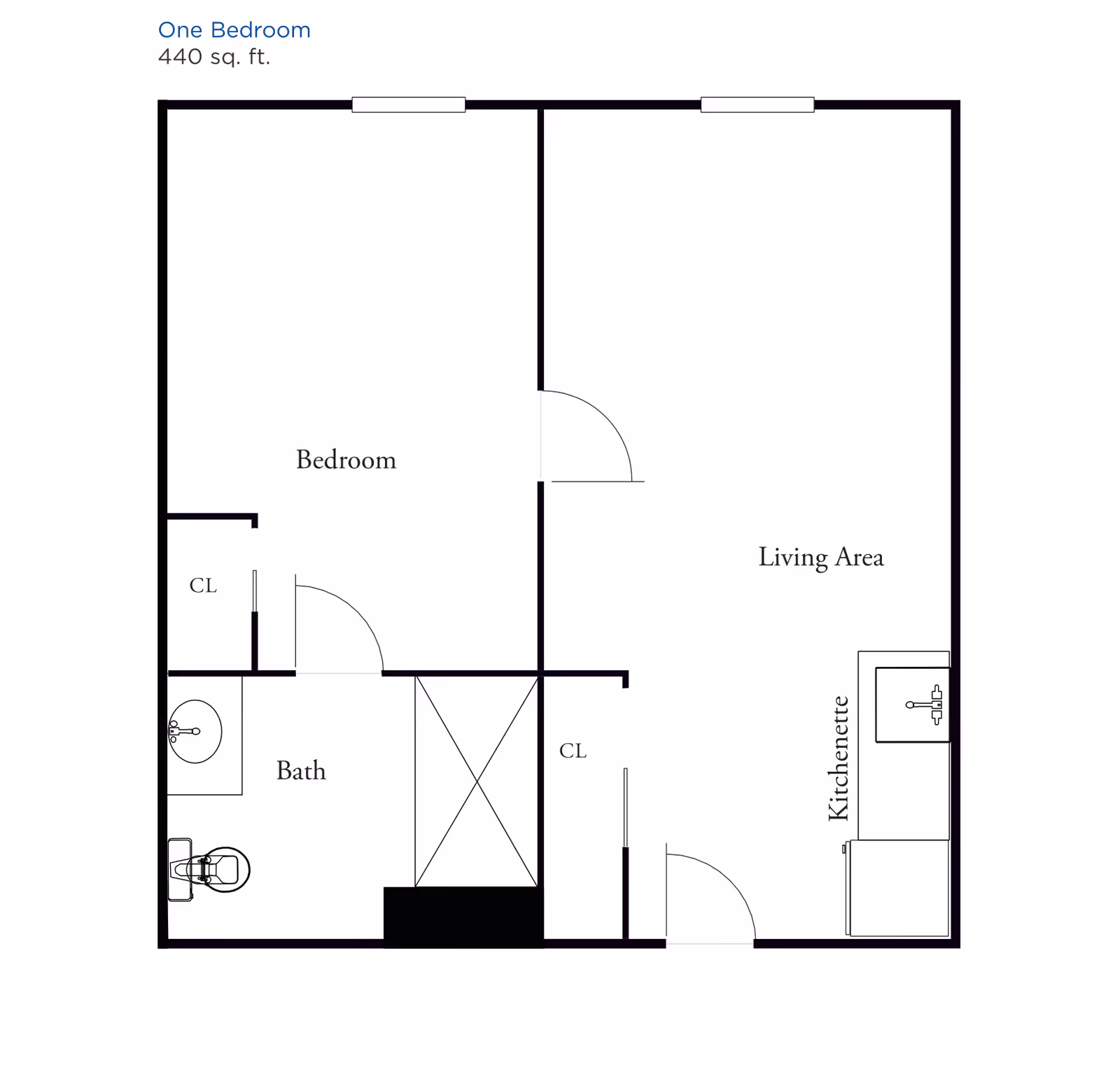 Floor plan of a one-bedroom apartment with 440 square feet. It includes a bedroom, a bath with a sink and toilet, a living area, and a kitchenette. There are two closets labeled CL, one near the bedroom and one near the living area.