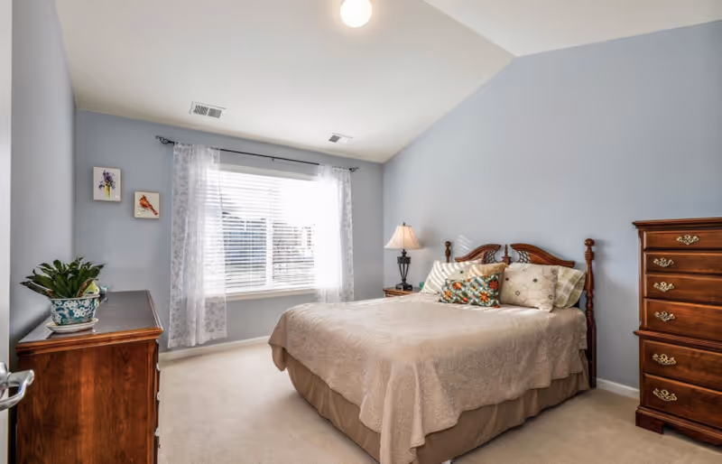 Well-lit bedroom with a bed, wooden dressers, a bedside lamp, and a window with white curtains.