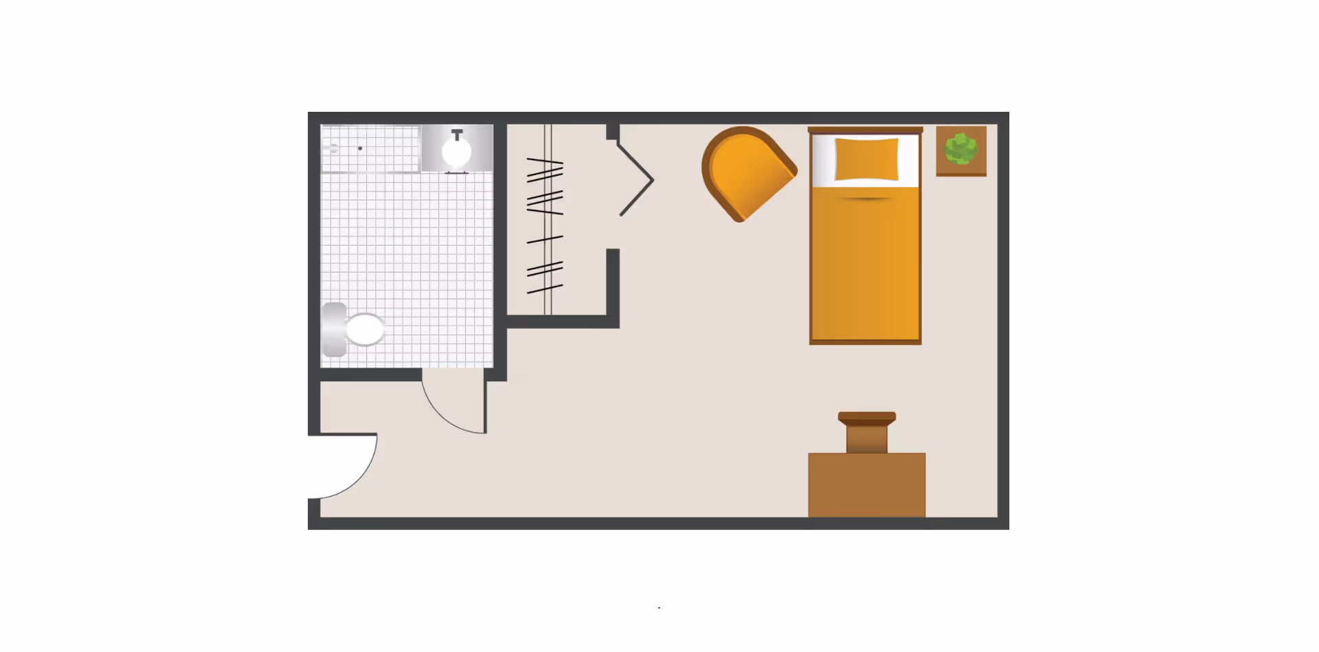 Floor plan of a small assisted living unit showing a bedroom with a single bed, a chair, a small table with a plant, a dresser, a closet, and an attached bathroom with a toilet and sink.