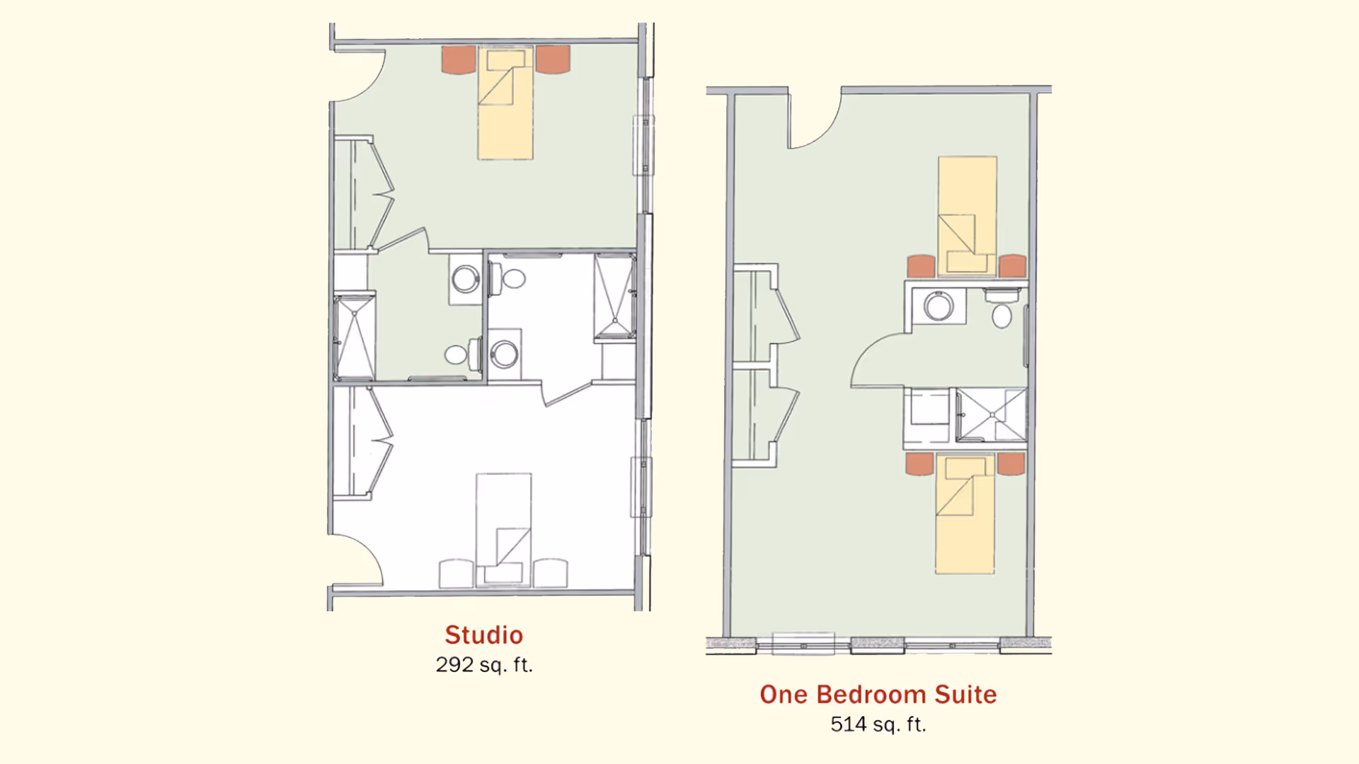 Floor plans of two apartment layouts at The Retreat at Jasper. The left plan is a Studio apartment with 292 sq. ft., featuring a combined living and sleeping area, a bathroom, and closet space. The right plan is a One Bedroom Suite with 514 sq. ft., including a separate bedroom, living area, bathroom, and closets.