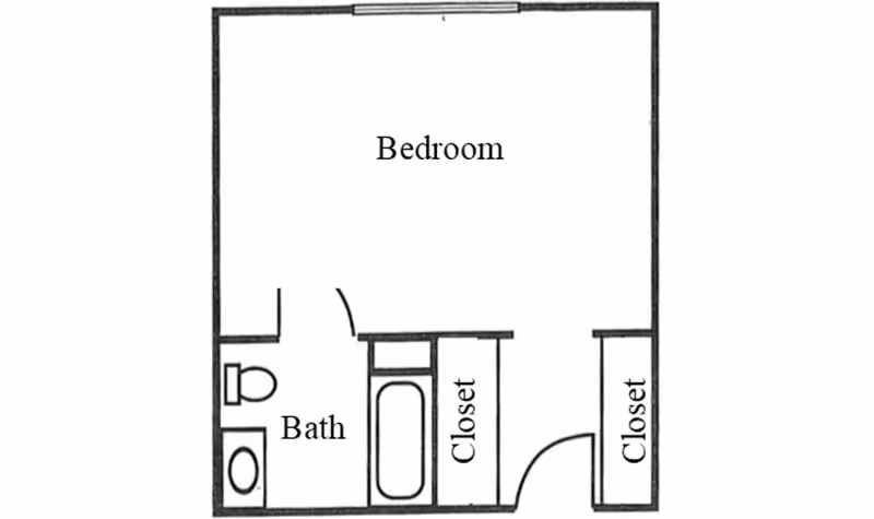 Black and white floor plan of a room labeled Bedroom with an attached Bath, two Closets, and a door entry.