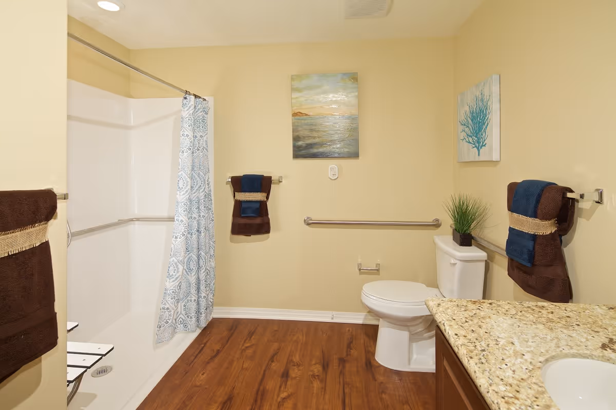 A clean bathroom with a white shower and blue patterned shower curtain on the left, a toilet with a small green plant on the tank, and a granite countertop with a sink on the right. The walls are painted light yellow and decorated with two paintings. Brown and blue towels hang on towel racks, and there are grab bars near the toilet and shower. The floor is wood-style.