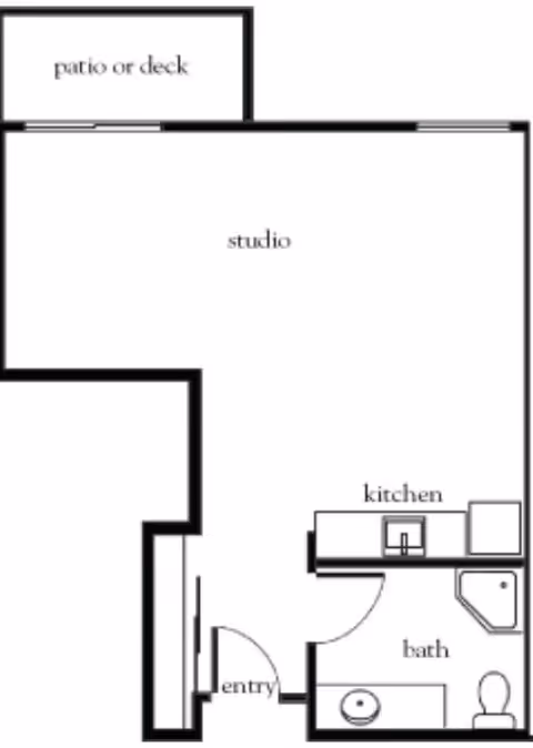 Floor plan of a studio apartment at Atria Park of Vintage Hills showing an entry area, a combined studio living space, a kitchen, a bathroom, and a patio or deck.