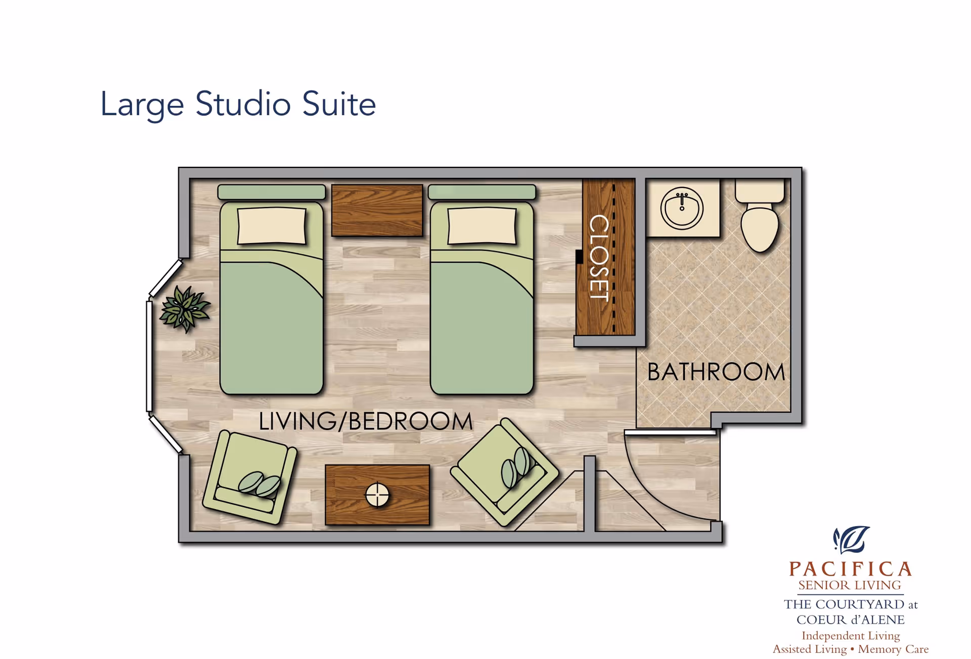 Floor plan of a large studio suite showing a combined living and bedroom area with two beds, two chairs, a coffee table, a closet, and a bathroom with a sink and toilet.