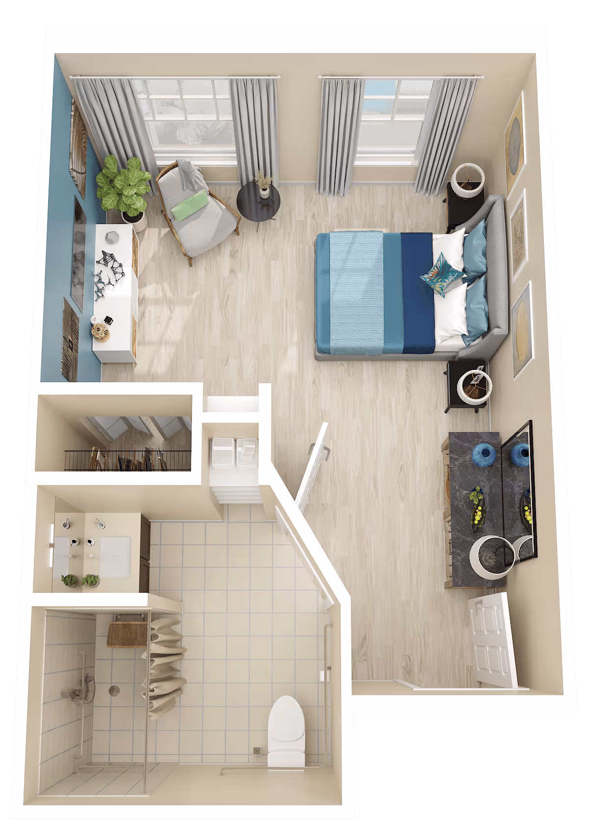 3D floor plan of a senior living facility room featuring a bedroom and bathroom. The bedroom includes a bed with blue bedding, two nightstands with lamps, a chair with a small round table, a TV on a stand, and two large windows with curtains. The bathroom has a shower with a curtain, a toilet, a sink with a mirror, and a closet area with hanging space and shelves.