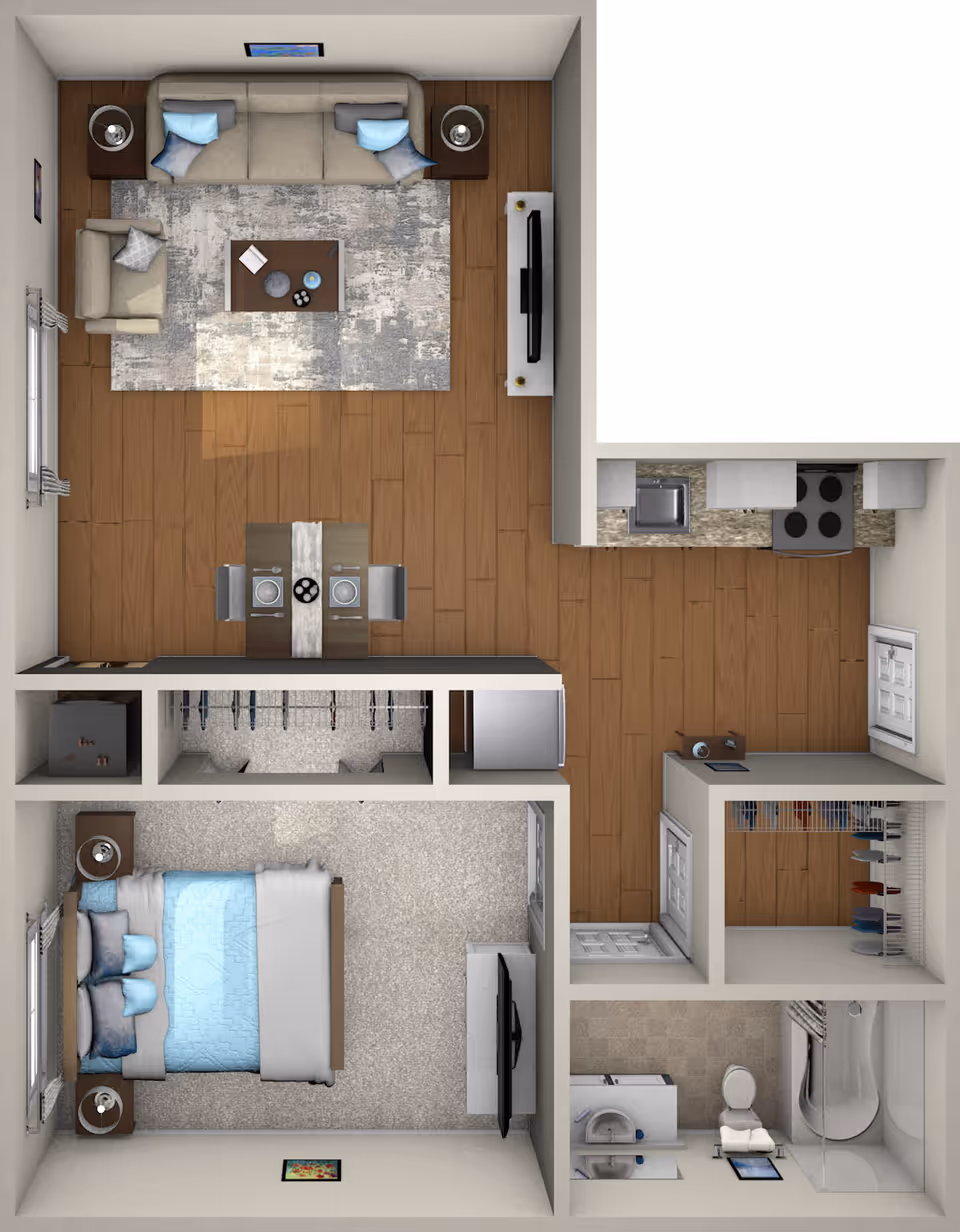 Top-down rendered one-bedroom floor plan showing a living room with dining area, kitchen, bedroom, bathroom, and closets.