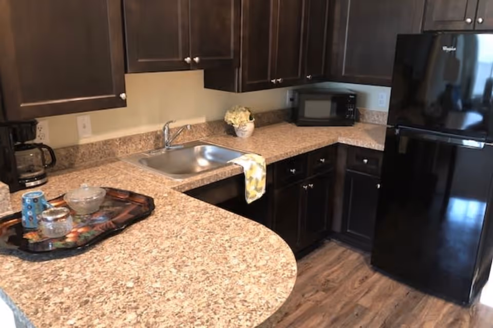 Compact kitchen with dark wood cabinets, speckled countertops, a stainless sink, microwave, and a black refrigerator.