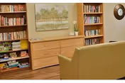 A cozy interior room featuring a wooden dresser with six drawers, flanked by two tall bookshelves filled with books and games. Above the dresser hangs a landscape painting, and a small white orchid plant sits on top. In the foreground, there is a light green armchair facing away from the camera. A round mirror is mounted on the wall to the right.