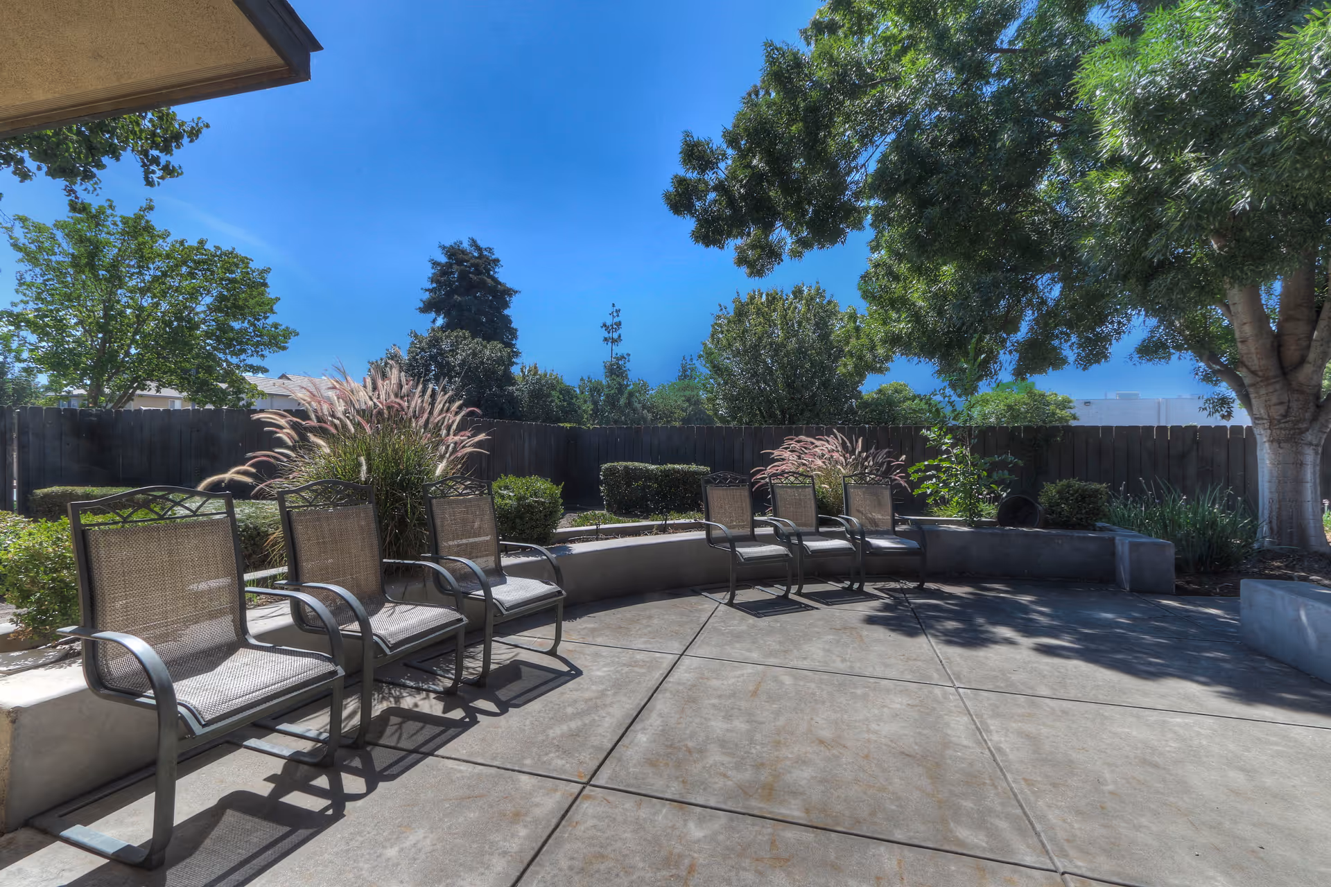 Outdoor patio area with a curved concrete bench and six metal mesh chairs arranged in a semi-circle. The space is surrounded by greenery including trees, bushes, and ornamental grasses, with a wooden fence in the background under a clear blue sky.