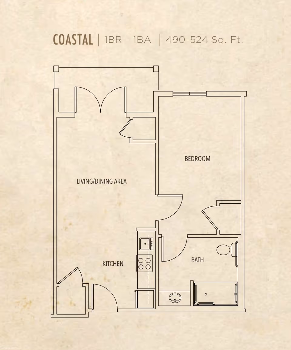 Floor plan of a one-bedroom, one-bathroom apartment named Coastal at Seagrass Village of Port Orange, showing a living/dining area, kitchen, bedroom, and bathroom with dimensions of 490-524 square feet.