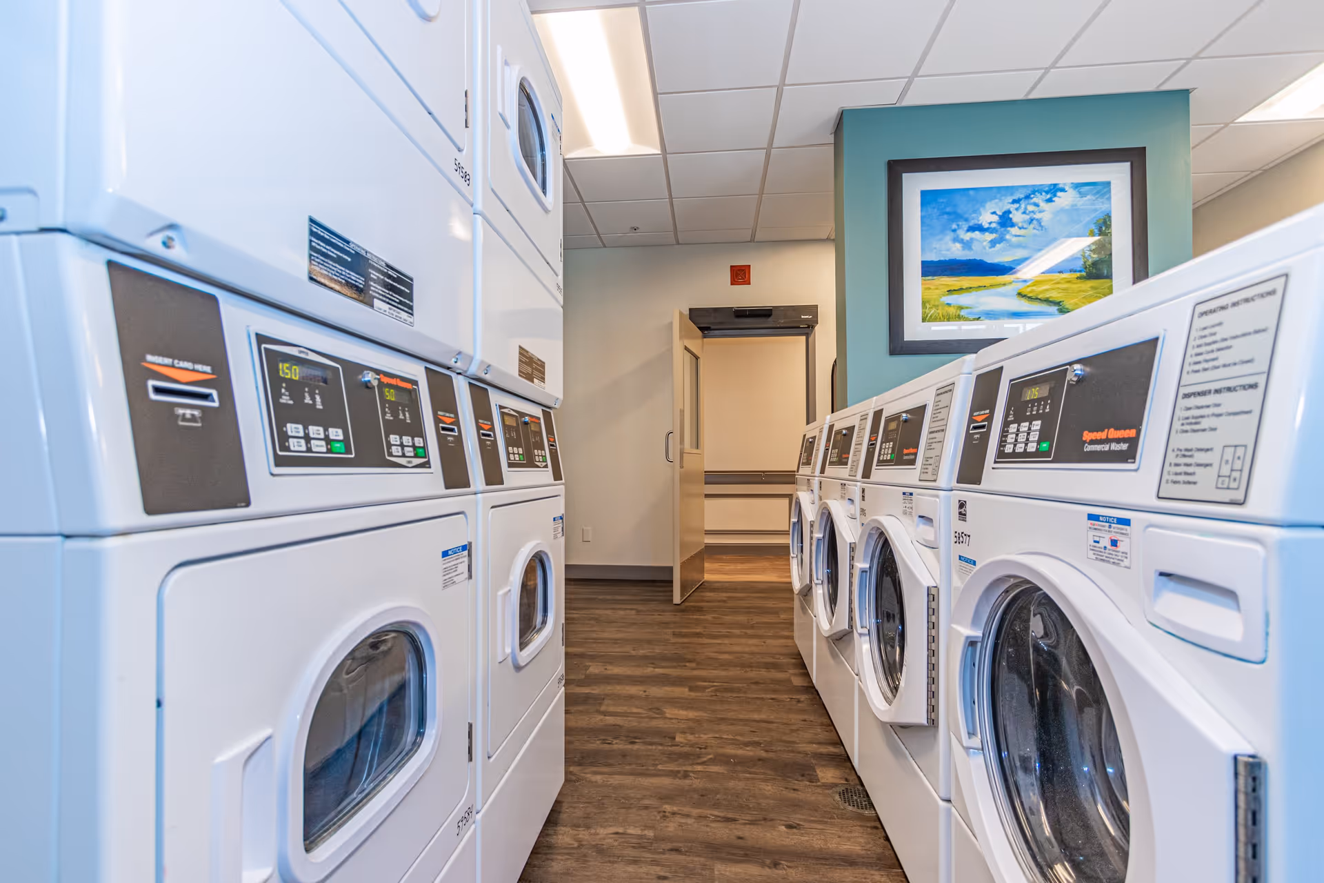 Laundry room with multiple white commercial washers and dryers lined up on both sides of a narrow walkway. The floor is wood-style laminate, and there is a framed landscape painting on a teal accent wall at the end of the room near an open door.
