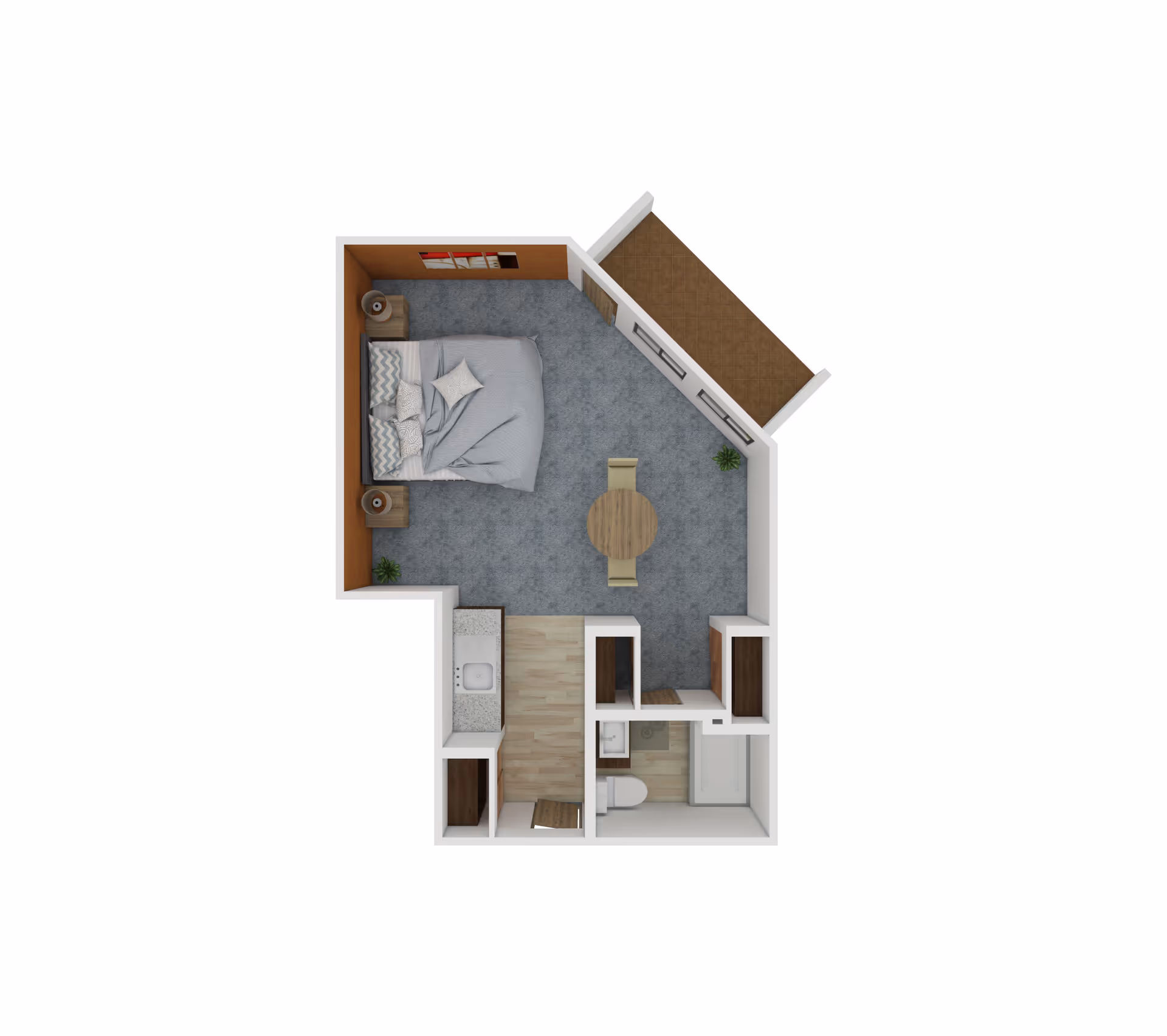 Top-down floor plan of a studio apartment showing a bed area, round dining table, kitchenette, bathroom, and a small balcony.