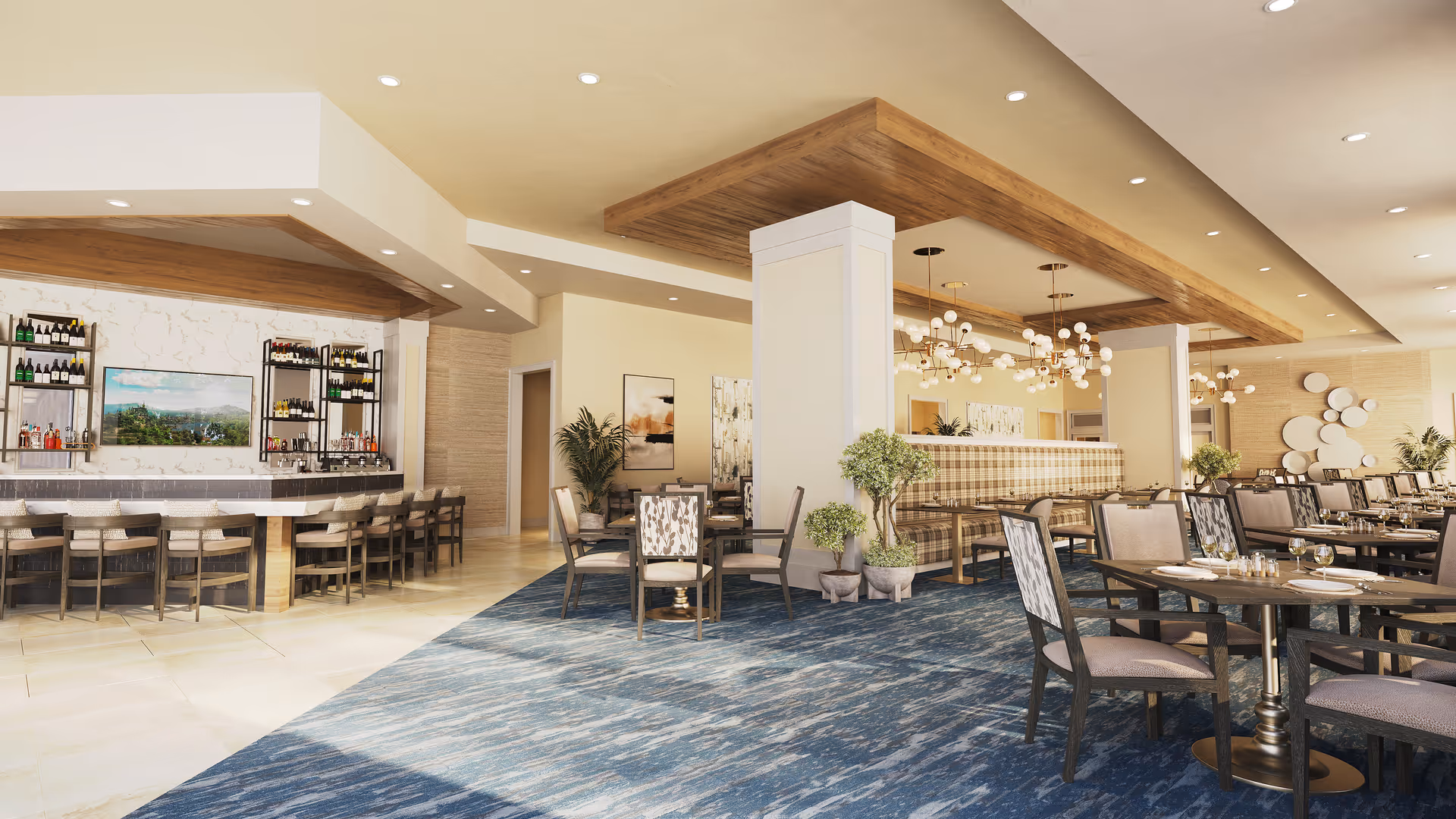 Bright dining area with a bar, tables, chairs, chandeliers, and potted plants.