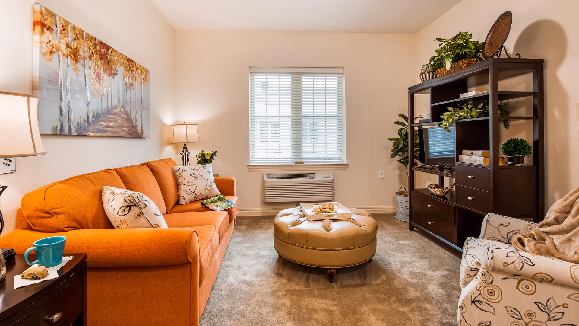 A cozy living room with an orange sofa adorned with patterned pillows, a round beige ottoman in the center with a tray of snacks, a patterned armchair with a beige throw blanket, a dark wooden entertainment unit with a TV and decorative plants, and a window with white blinds letting in natural light.