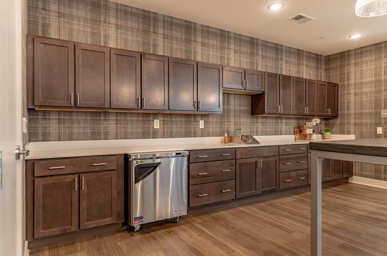 Modern kitchen with dark wood cabinets, a long countertop, a sink, and a stainless steel dishwasher.