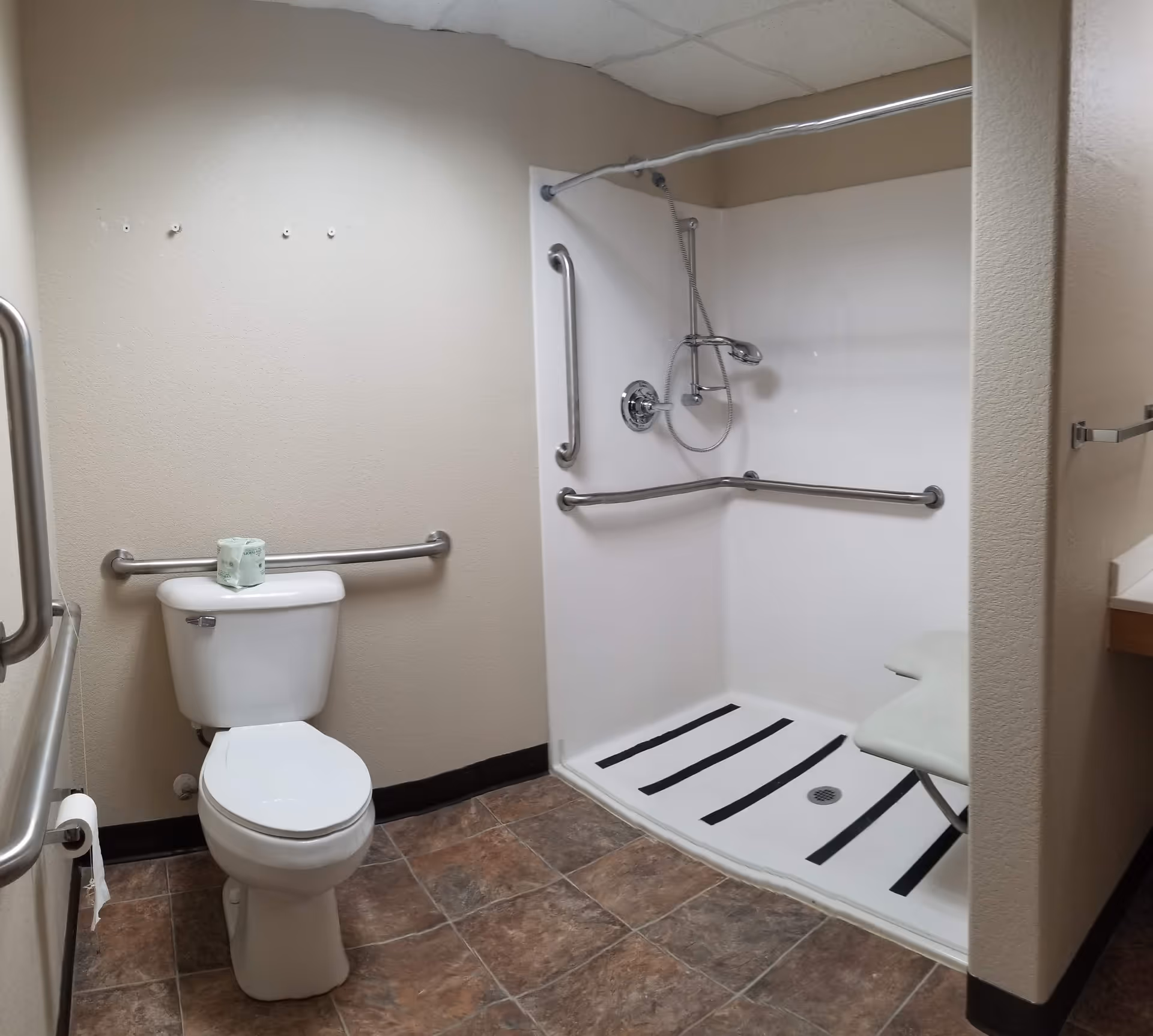 Accessible bathroom featuring a toilet, multiple grab bars, and a roll-in shower with a fold-down seat.