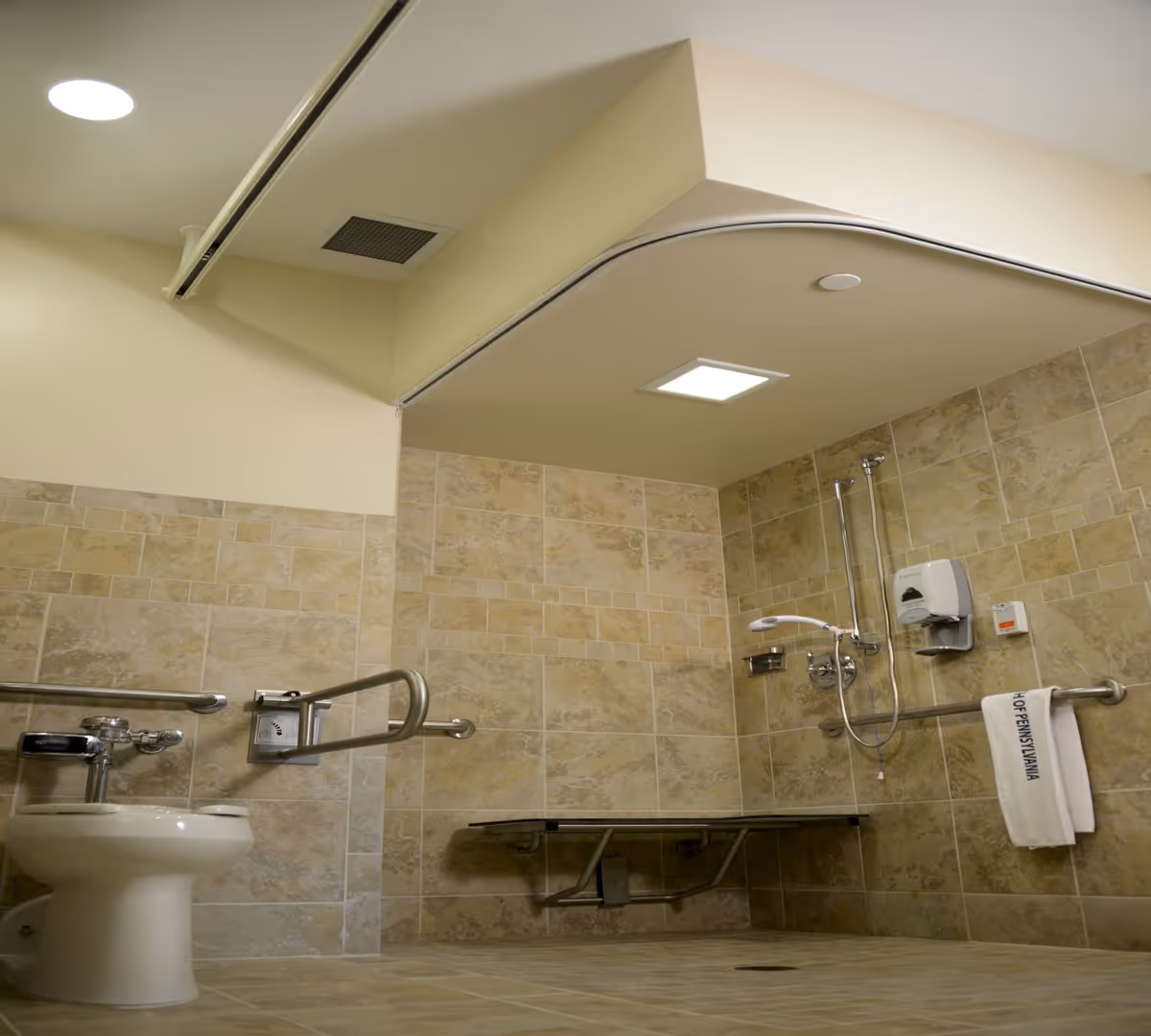 Accessible tiled bathroom with a toilet, wall-mounted grab bars, a fold-down shower bench and a handheld shower.