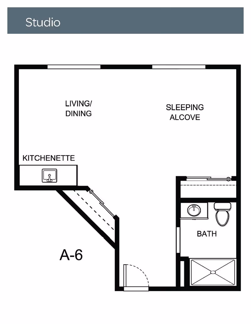 Floor plan of a studio apartment labeled A-6 showing areas for living/dining, sleeping alcove, kitchenette, and a bathroom with sink, toilet, and shower.